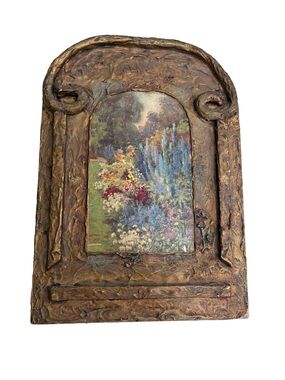 Antique Pilkington print on Folk Tramp Art Gold Wood Frame Wall